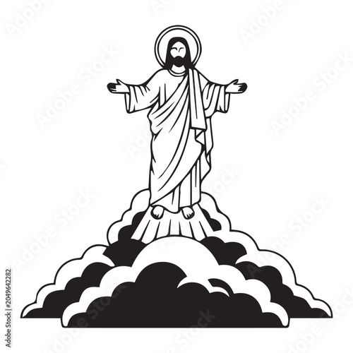 Фотография Jesus Christ standing on clouds outline vector illustration isolated on white background