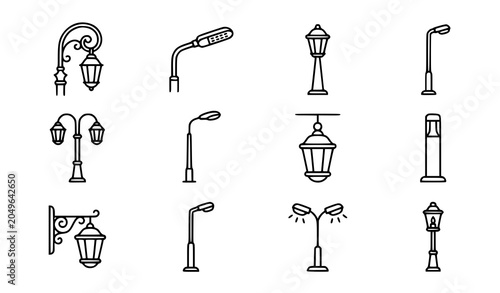 Photos Street lamp post line icons set with vintage park lanterns and modern urban high