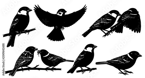 Photography Black sparrow silhouettes set with flying and sitting birds on tree branches for