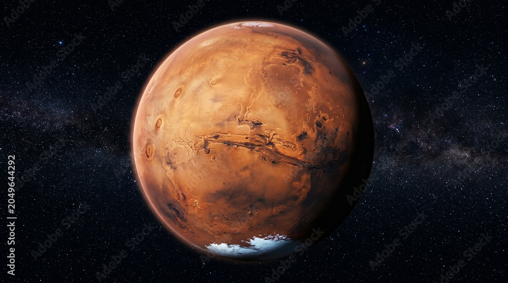 Naklejka premium Mars in Space: A stunning, realistic depiction of the planet Mars, showcasing its iconic red surface, polar ice caps, and the vast expanse of space with distant stars.