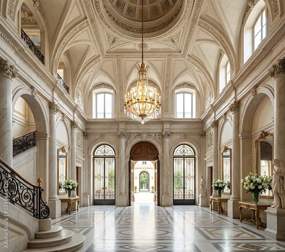 Naklejka premium Luxury Grand Foyer of a European Palace with Marble Floor and Chandelier 