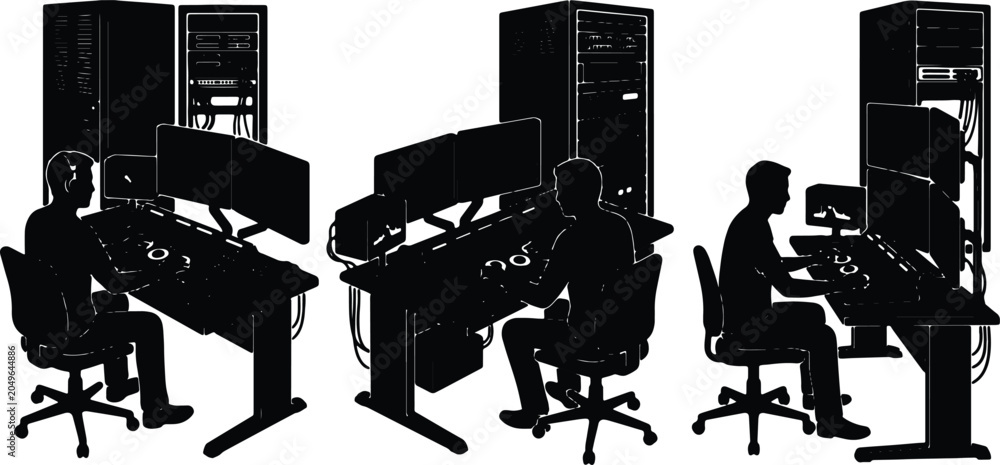 Fototapeta premium Data Center Silhouettes: Technicians at Work, Server Racks, Dual Monitors, Control Room Setup, IT Professionals