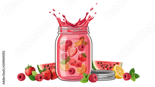 Foto Juicy red juice bottle with fruit garnish and splashing liquid Vector