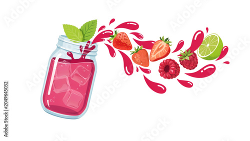 Valokuva Pink juice bottle with fresh fruits splashing out in mid-air Vector