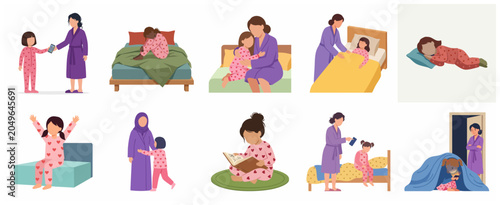 Cuadro en lienzo Children Bedtime Routine and Digital Device Addiction Concept Illustration Set