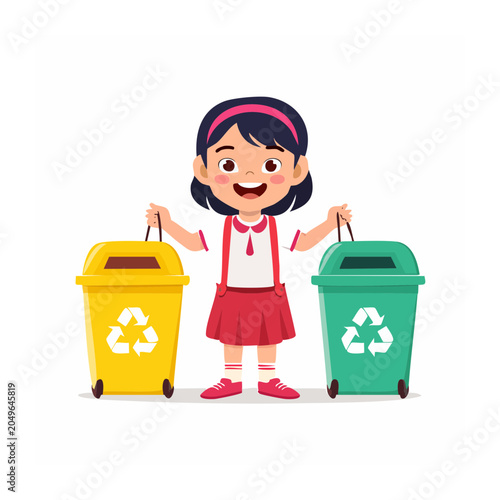 Happy girl holding recycling bins