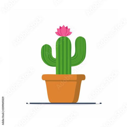 Flat design potted cactus with a pink flower