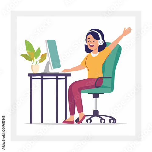 Happy woman with headphones working on computer at desk