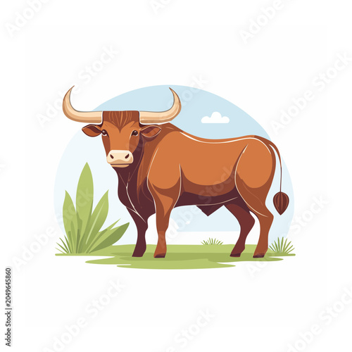 Illustration of a brown bull standing in a grassy field