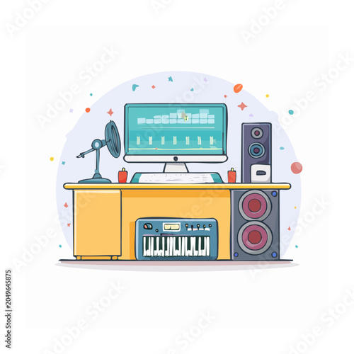 Illustration of a home music production studio setup