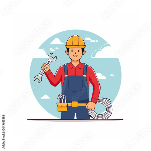 Illustration of a smiling worker holding a wrench and cable