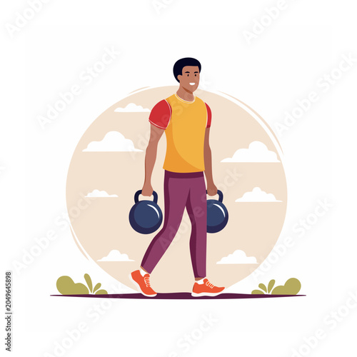 Man walking with kettlebells outdoors, flat illustration