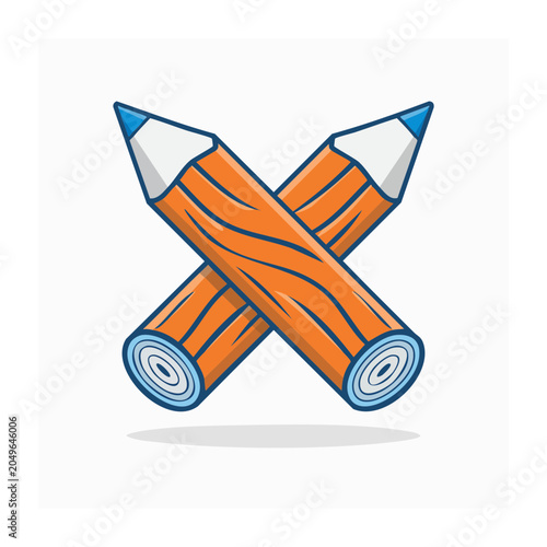 Two crossed orange pencils with blue tips on white background