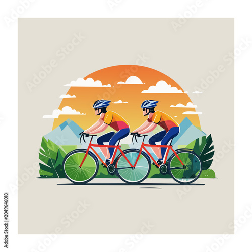 Two cyclists riding bicycles at sunset with mountains