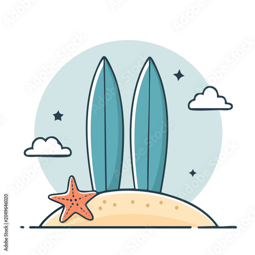 Two surfboards on a sandy beach with starfish and clouds