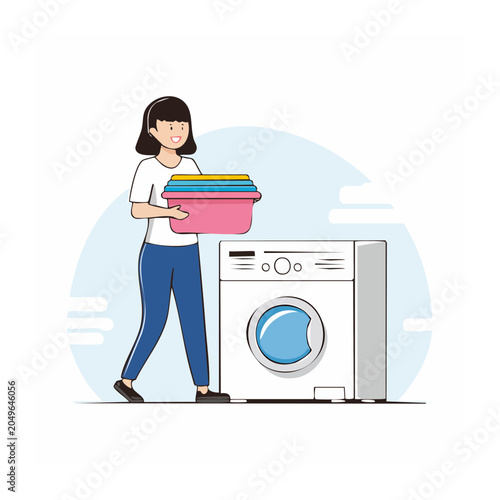 Woman Carrying Laundry Basket Next to Washing Machine