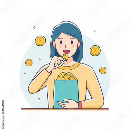 Woman eating coins from a bag