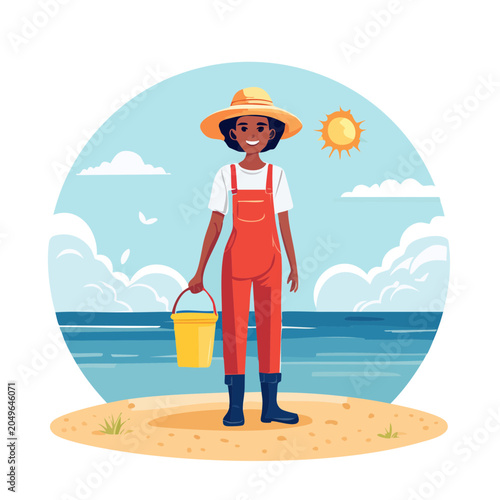 Woman in overalls with bucket on beach