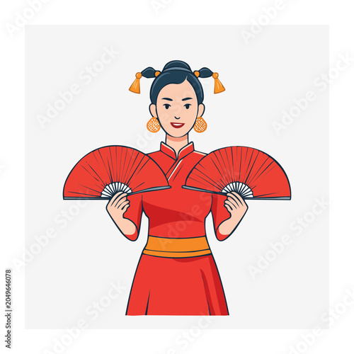 Woman in Traditional Red Dress Holding Two Red Fans