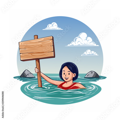 Woman in water holding a blank wooden sign