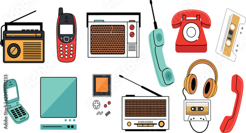 Retro Technology and Vintage Gadget Vector Illustration Set with Old Radio, Cassette, Flip Phone, and Walkman Elements for Nostalgic 90s and 80s Media Designs