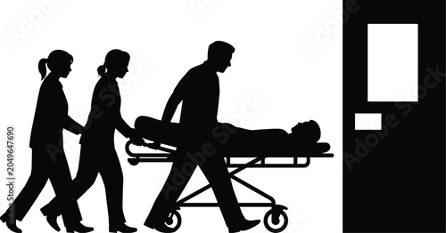 Canvas Print Medical professionals transporting patient on stretcher towards hospital door si