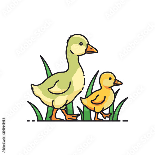 Fotografie A cute illustration of a mother goose and her small yellow gosling walking toget