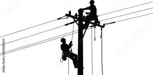Silhouette of two linemen working on a utility pole with power lines on a white background utility workers