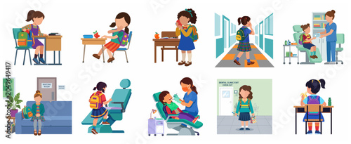 Bild auf Leinwand Set of cartoon school girls suffering from toothache and visiting the pediatric