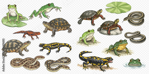 Foto Collection of various amphibians and reptiles including frogs, turtles, snakes, and salamanders