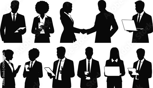 Silhouettes of Ten Business People in Various Poses with Technology and Handshake professionals