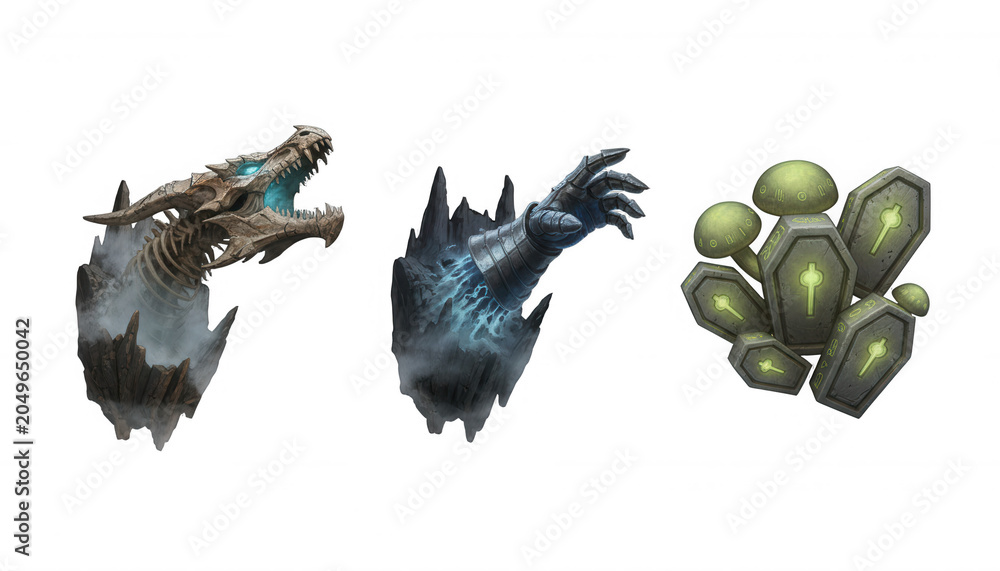Fototapeta premium Fantasy Rpg Game Assets with Dragon Skull and Magic