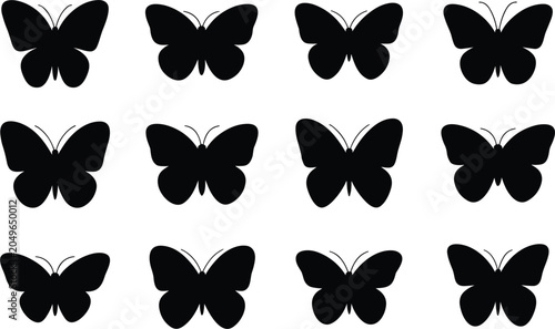 Twelve Black Silhouette Butterflies Arranged in a Grid on a White Background butterfly insect
