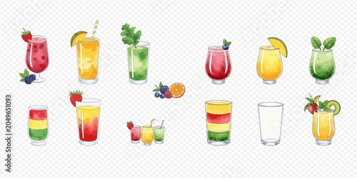 Quadro su tela Watercolor illustration set of various refreshing fruit and vegetable drinks, juices, and smoothies in different glasses