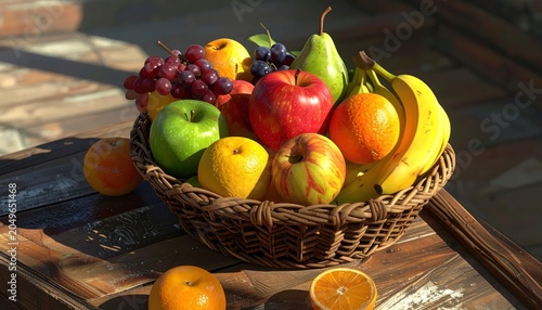 Fresh fruit basket on wooden table.