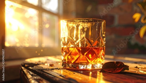 Whiskey glass on wooden table indoors.