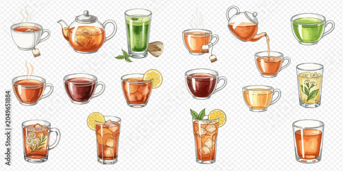 Cuadro en lienzo Collection of various tea drinks, including hot and iced tea, green tea, and herbal infusions in different cups and glasses