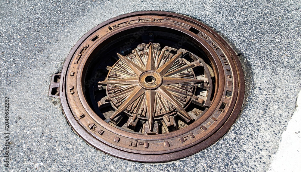 Obraz premium Intricate Antique Bronze Compass Rose Manhole Cover Detailed Design on a City Street