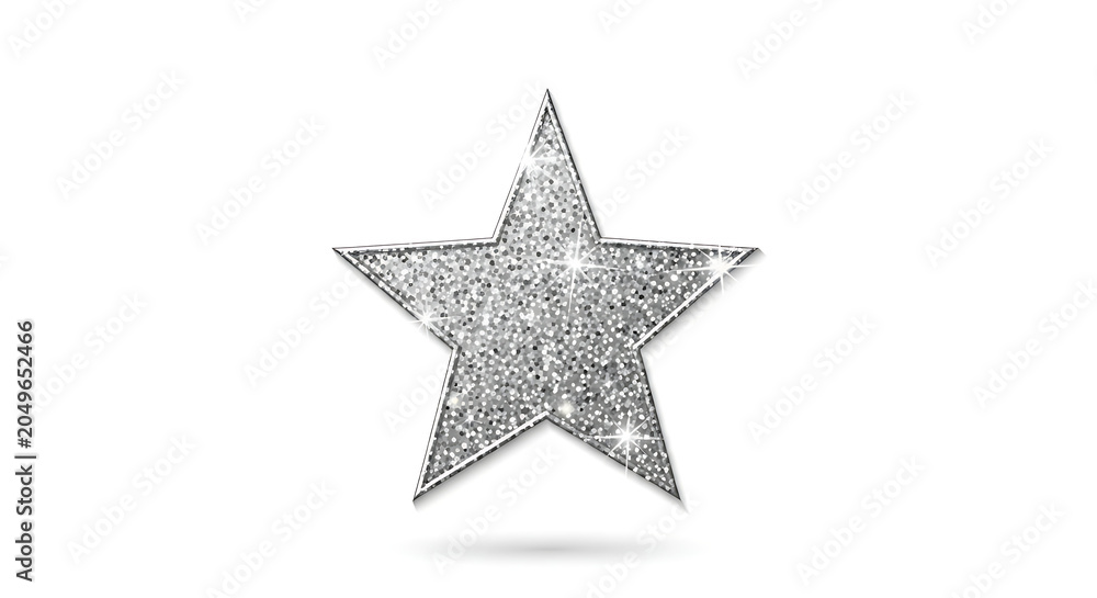 Obraz premium Premium silver glitter star shape with sparkling shimmer texture isolated on white background. Elegant decorative element for luxury award celebration graphics and festive vector design.