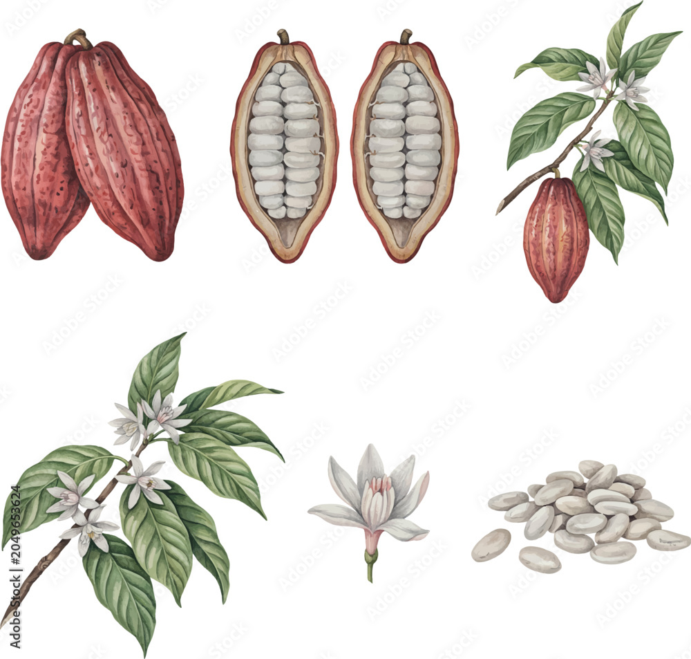 Fototapeta premium Detailed vintage cacao pod and bean illustration