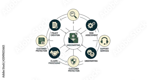 Insurance Underwriting and Policy Lifecycle Process Infographic with Risk Assessment, Claims Processing, and Customer Protection Icons