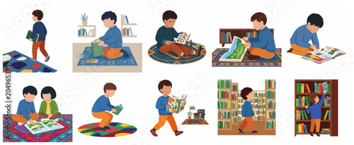 Set of illustrations featuring children reading books in various settings, kids in library and at home, literacy and early education concept, vector flat design.