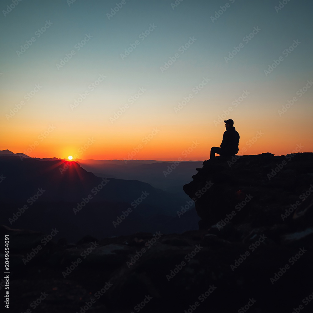 Fototapeta premium Man sitting on cliff edge watching sunrise over mountains