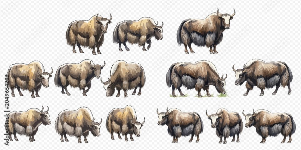 Fototapeta premium Collection of various cartoon yaks in different poses, showcasing their furry bodies and horns against a white background.