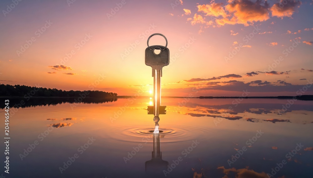 Obraz premium Single House Key Standing Upright in Calm Water with Ripples at Sunrise, Symbolizing New Opportunities and Access.