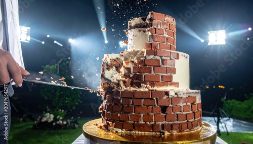 Unique multi-tiered wedding cake dramatically smashing apart, revealing chocolate layers and sugar brick decoration, capturing a chaotic celebration moment.