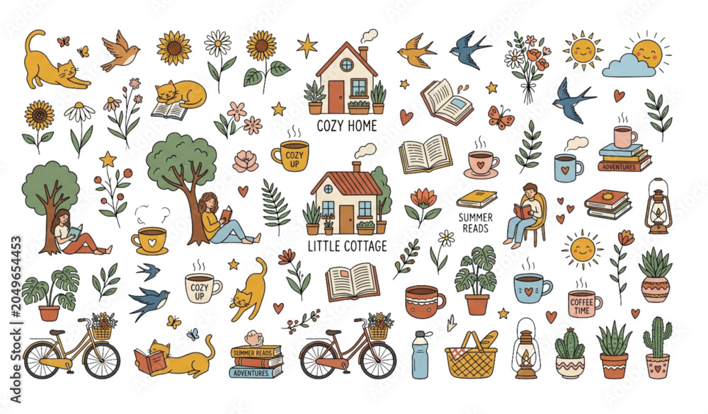 Fototapeta premium Cozy summer nature doodle icons with cats birds books and flowers vector set