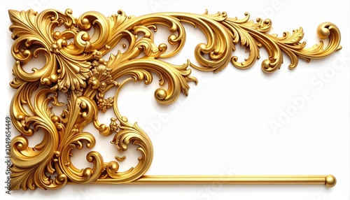 Ornate golden rococo scrollwork decorative corner on white background
