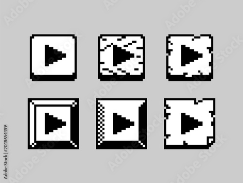 Pixel art play button set, retro game UI controls, media navigation icons collection, monochrome interface asset pack.