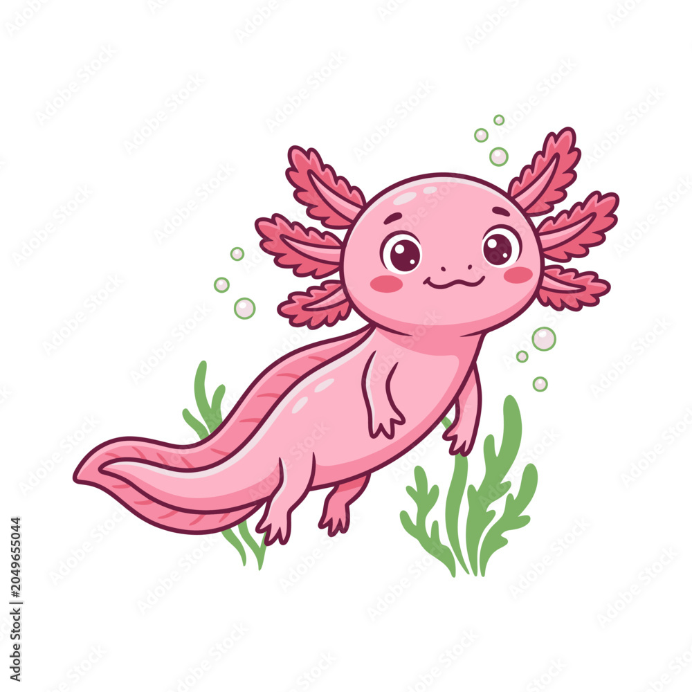 Naklejka premium Cute pink axolotl swimming underwater cartoon style salamander animal character